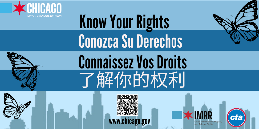 The phrase "Know Your Rights" in English, Spanish, French, and Mandarin.  Below the text is a QR Code leading to multilingual resources.